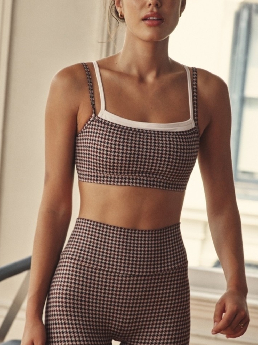Abercrombie & Fitch YPB Double Layer Houndstooth Sports Bra In Brown - M - Picture 2 of 10